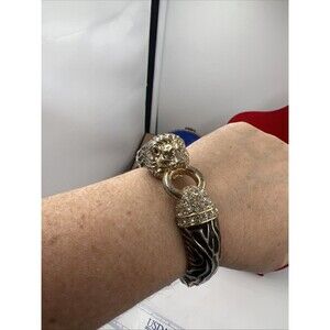 Anne Klein Liger Lion Gold Black Enamel Pave Rhinestone Clamper Bracelet Rare